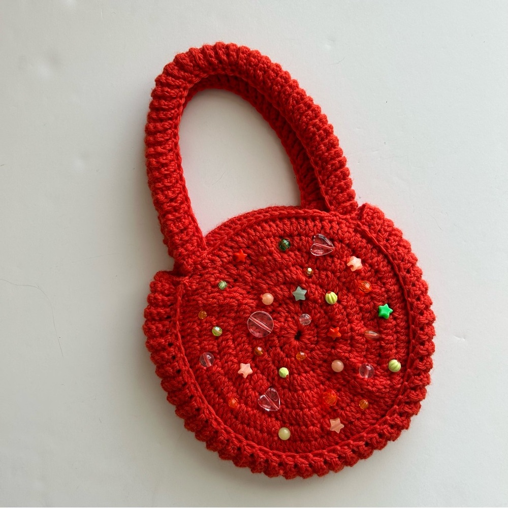 Handmade Crocheted w/ Beads Orange Circular Boho Hippy Fairy Handbag Purse Bag
